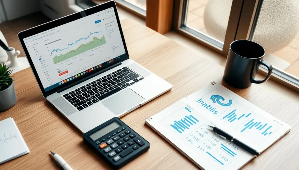 Desk with laptop showing financial charts, calculator, notepad, coffee mug in a bright office.